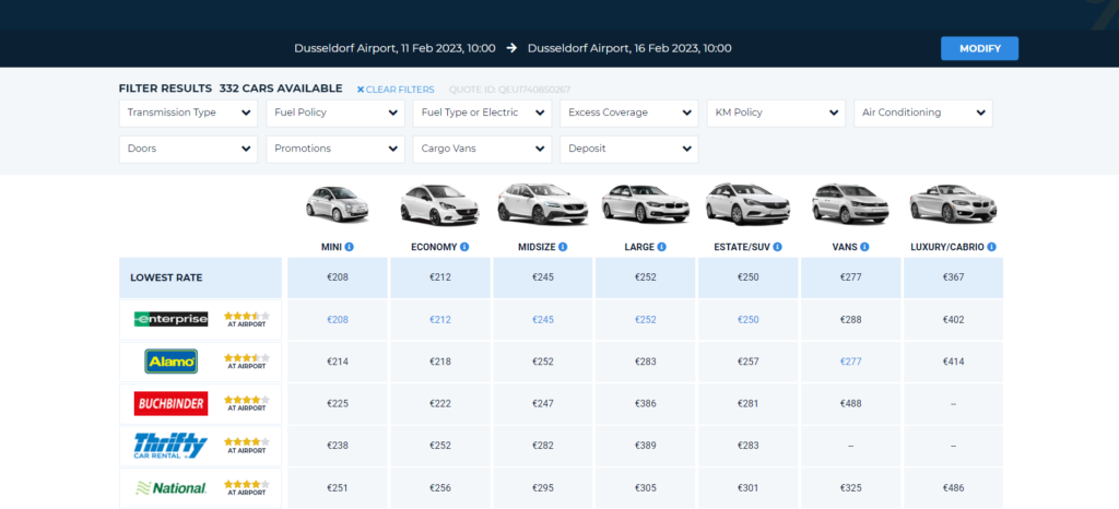 A page from AutoEurope comparing prices of different cars