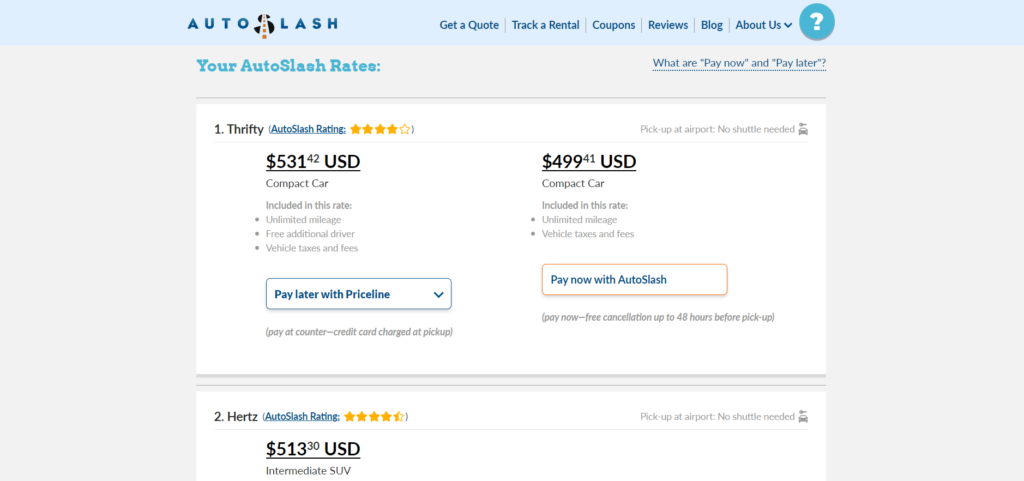 A page from AutoSlash showing rental car search engine results