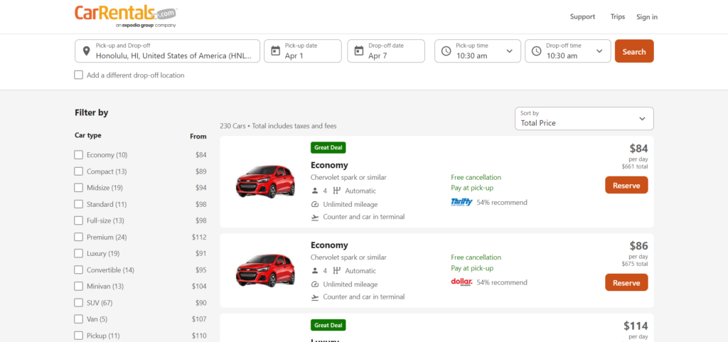 A page from CarRentals.com comparing prices of different cars
