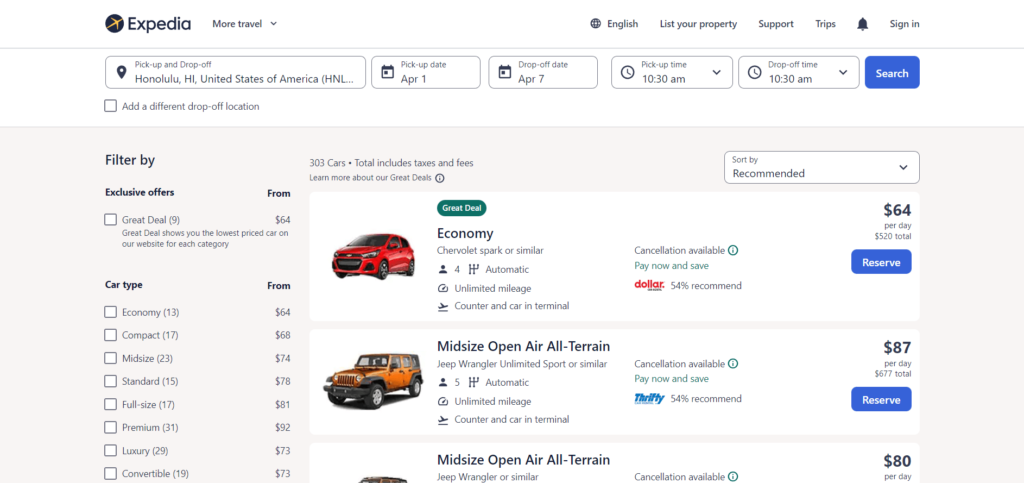 A page from Expedia comparing prices of different cars