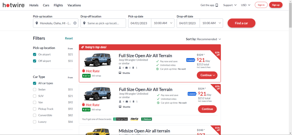 A page from Hotwire comparing prices of different cars