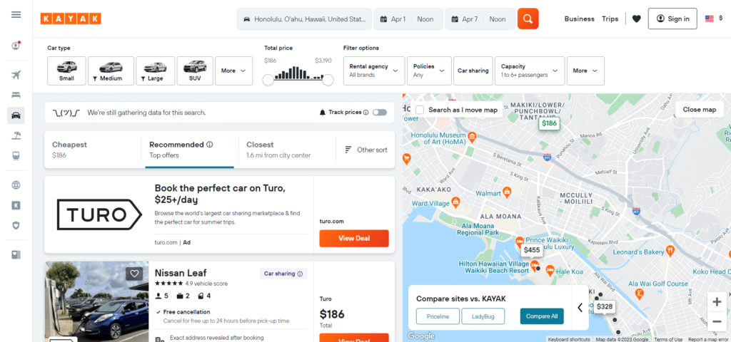 A page from Kayak comparing prices of different cars