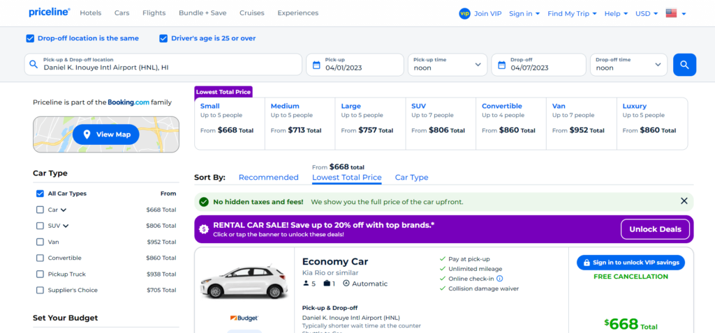 A page from Priceline comparing prices of different cars