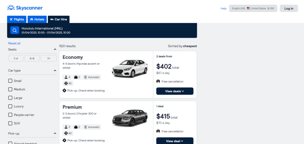 A page from Skyscanner comparing prices of different cars