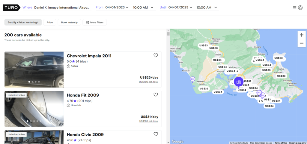 A page from Turo comparing prices of different cars